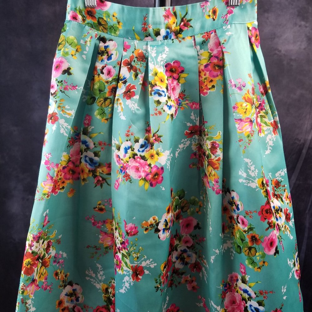 Teal Pleated Floral Skirt